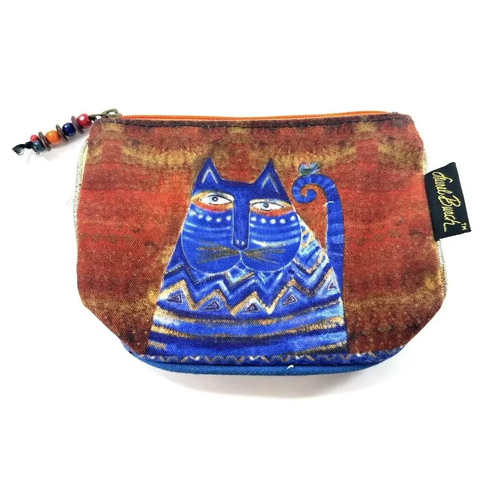 Laurel Burch Blue Cat Cosmetic Bag Zipper Pouch Cotton Canvas Makeup Coin Purse